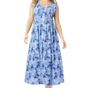 Woman Within Plus Size Floral Maxi Dress Sleeveless Pintuck Blue White 2X 26/28